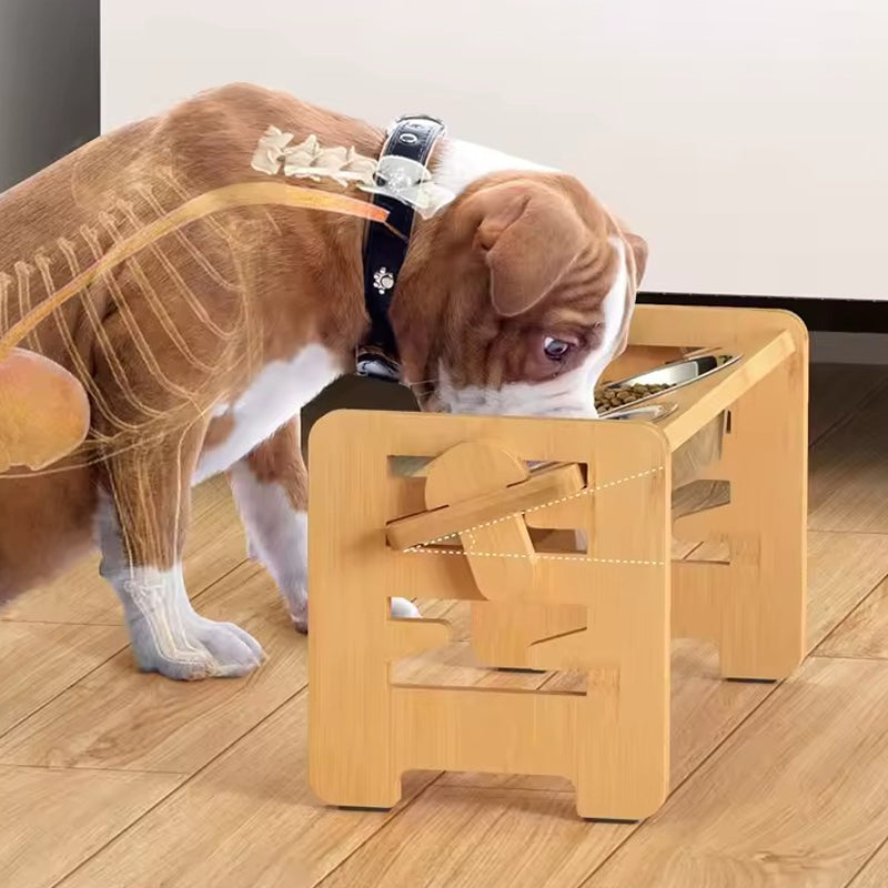 Gamelle orthopédique chien sur support en bambou réglable double gamelle