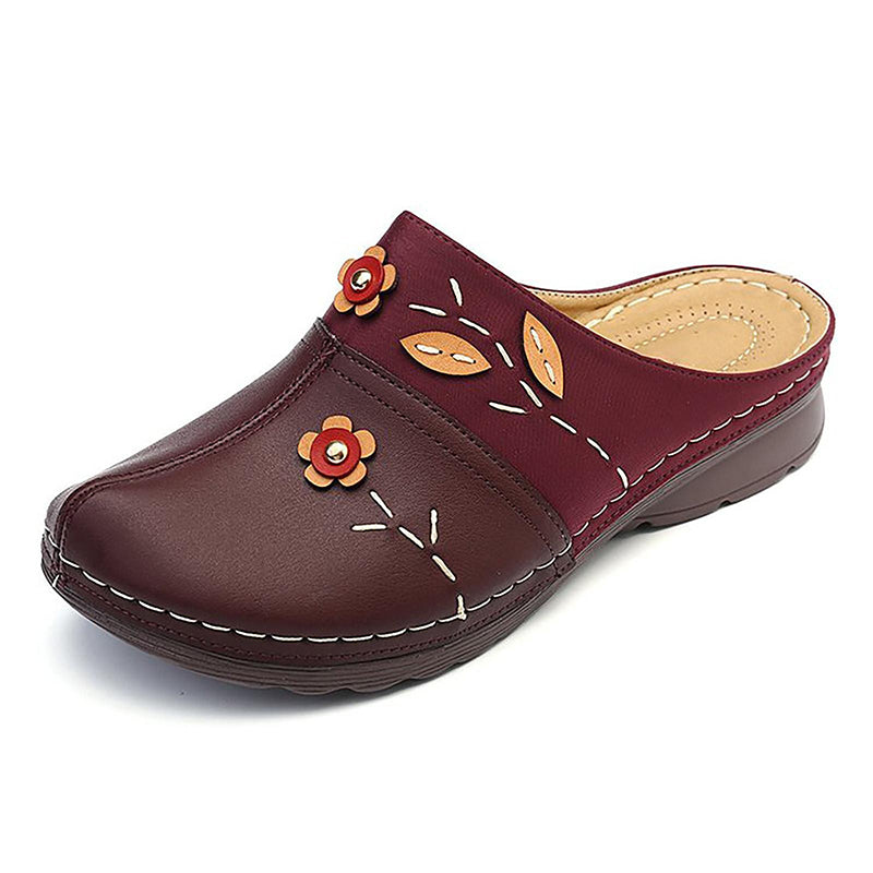 Sabot orthopédique femme brodé avec fleurs bordeaux