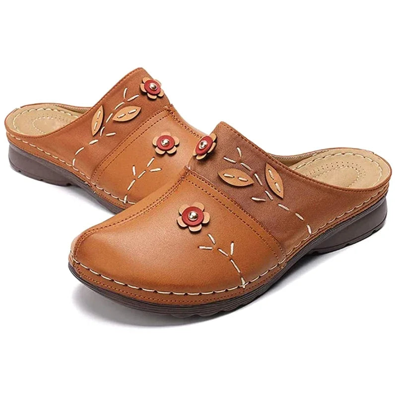 Sabot orthopédique femme brodé avec fleurs marron