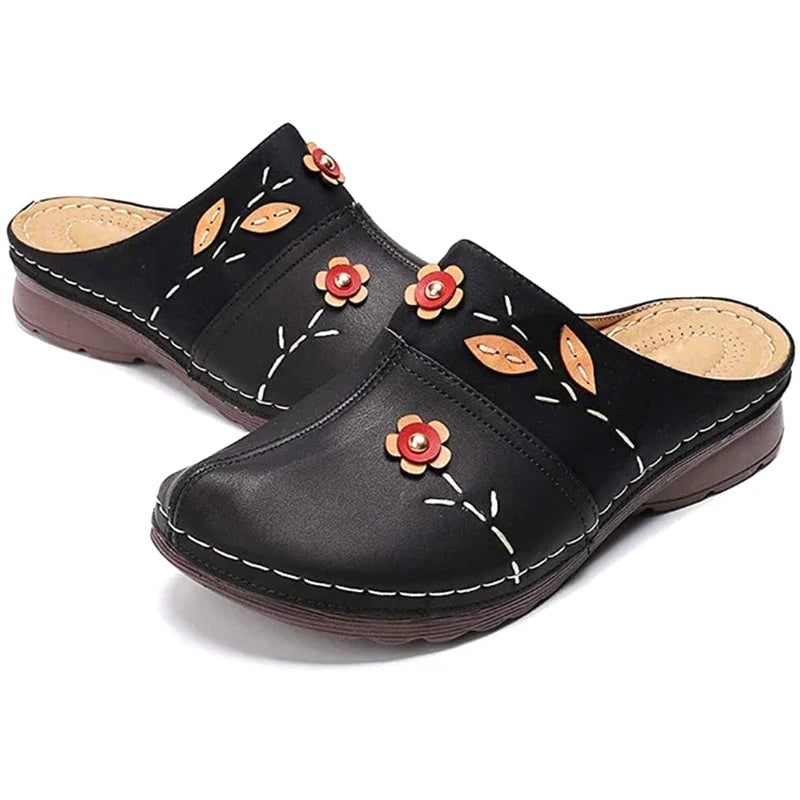 Sabot orthopédique femme brodé avec fleurs noir