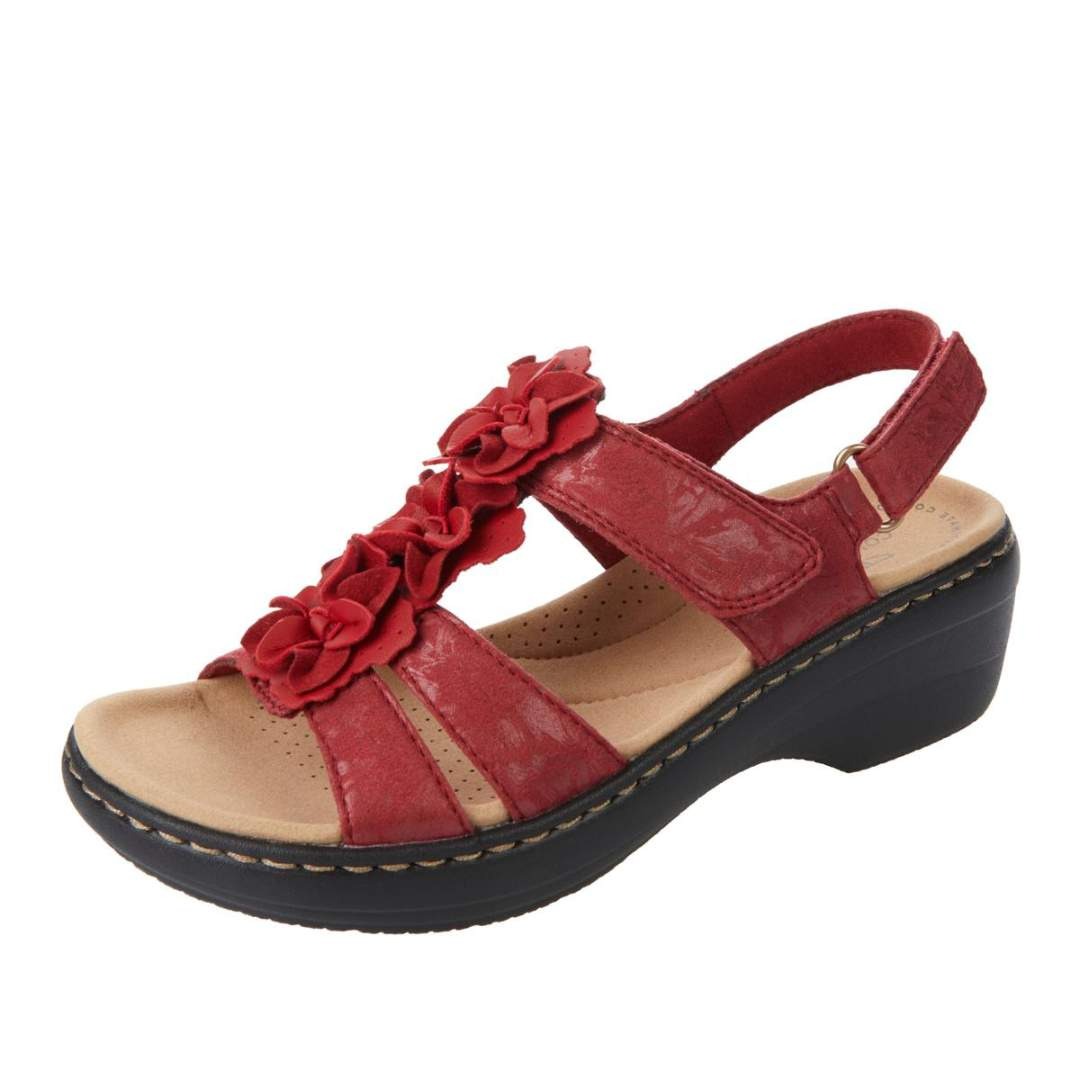 Sandale orthopédique femme à fleurs décoratives rouge