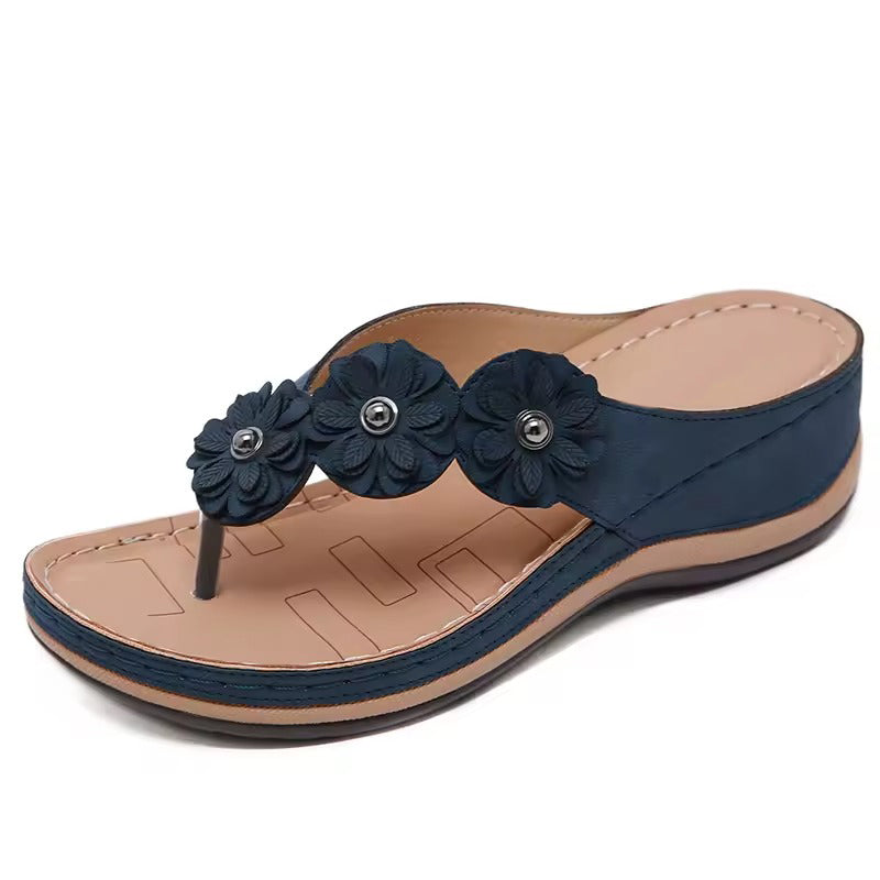 Tong orthopédique femme fleur déco bleu