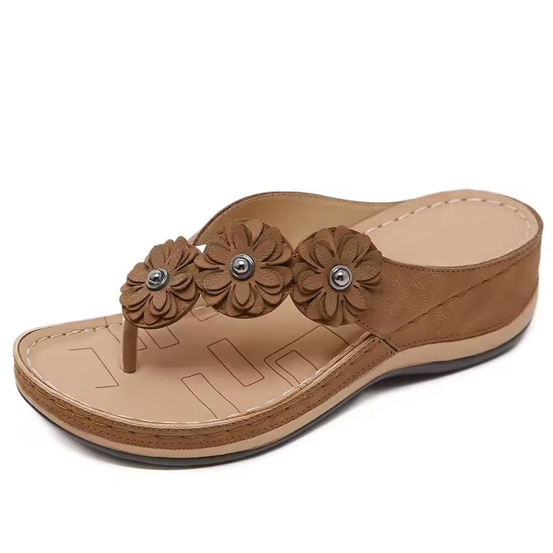 Tong orthopédique femme fleur déco marron