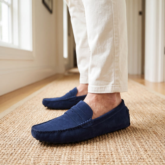 mocassin en daim bleu marine porté avec un chino blanc cassé sur un tapis en sisal clair